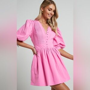 ZANDRA MINI DRESS - PUFF SLEEVE POPLIN DRESS IN ICE PINK
